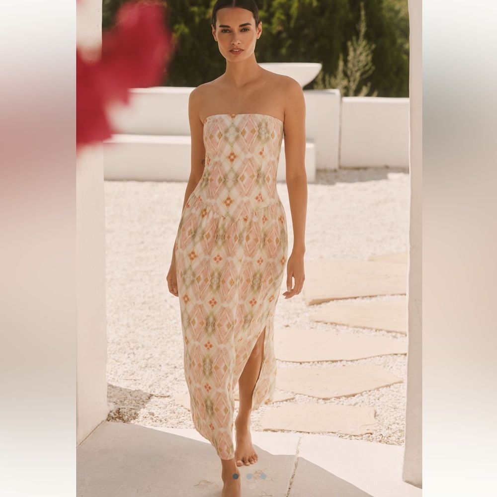 NWT Anthropologie Strapless Maxi Dress - Pastel Pink Green & Cream Diamond Motif